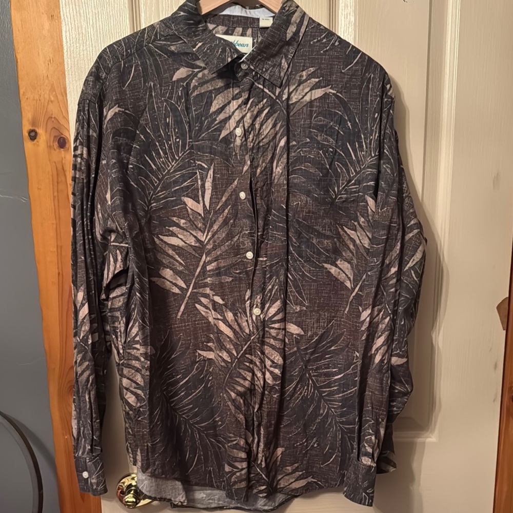 Caribbean Black and Gray Leaf Print Casual Button Down Shirt
